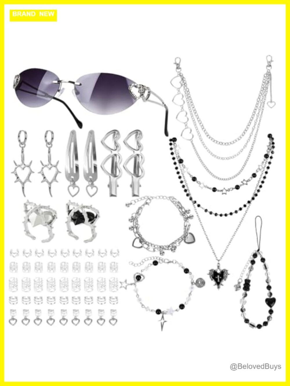 Y2K Accessories Set 59pc Heart Necklace Hair Clips Pant Chain Sunglasses Alloy
